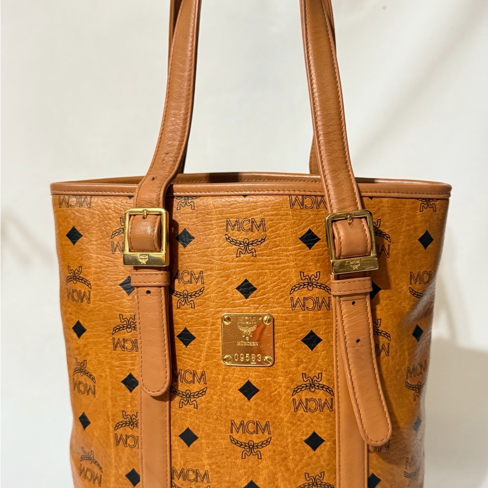Authentic MCM Cognac Visetos Tote with Gold Accents